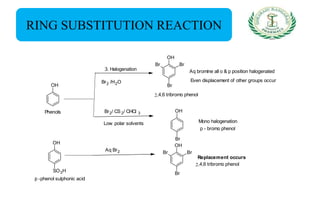 RING SUBSTITUTION REACTION
OH
3. Halogenation
Br2 /H2O
OH
BrBr
Br
,4,6 tribromo phenol
Br2/ CS 2/ CHCl 3
Low polar solvents
OH
Br
p - bromo phenol
Aq Br2
Phenols
Aq bromine all o & p position halogenated
Even displacement of other groups occur
Mono halogenation
OH
BrBr
Br
,4,6 tribromo phenol
OH
SO3H
p -phenol sulphonic acid
Replacement occurs
 