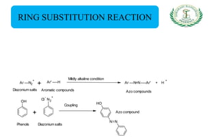RING SUBSTITUTION REACTION
OH
Phenols
+
Cl
-
N2
+
Diazoniumsalts
Coupling OH
N N
Azo compound
Ar ---N2
+
+ Ar' ----H
Mildly alkaline condition
Ar ---N=N----Ar' + H
+
Diazoniumsalts Aromatic compounds Azo compounds
 