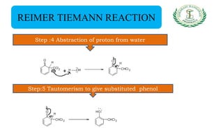 REIMER TIEMANN REACTION
Step :4 Abstraction of proton from water
Step:5 Tautomerism to give substituted phenol
 