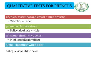Phenols, resorcinol and cresol = Blue or violet
• Catechol = Green
p- bromo phenol= violet
• Salicylaldehyde = violet
Trichloro phenol = No color
• P- chloro phenol=violet
Alpha- naphthol=White color
Salicylic acid =blue color
QUALITATIVE TESTS FOR PHENOLS
 