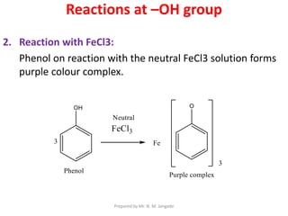 Reactions at –OH group
2. Reaction with FeCl3:
Phenol on reaction with the neutral FeCl3 solution forms
purple colour complex.
Prepared by Mr. N. M. Jangade
 