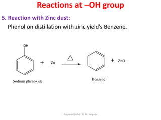 5. Reaction with Zinc dust:
Phenol on distillation with zinc yield’s Benzene.
Reactions at –OH group
Prepared by Mr. N. M. Jangade
 