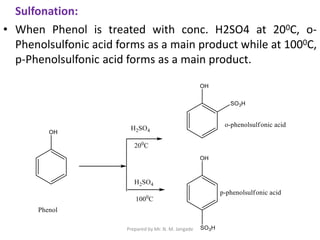 Sulfonation:
• When Phenol is treated with conc. H2SO4 at 200C, o-
Phenolsulfonic acid forms as a main product while at 1000C,
p-Phenolsulfonic acid forms as a main product.
Prepared by Mr. N. M. Jangade
 