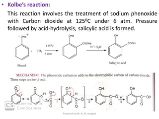 • Kolbe’s reaction:
This reaction involves the treatment of sodium phenoxide
with Carbon dioxide at 1250C under 6 atm. Pressure
followed by acid-hydrolysis, salicylic acid is formed.
Prepared by Mr. N. M. Jangade
 