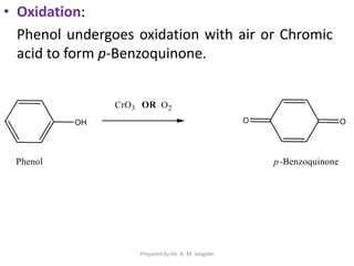 • Oxidation:
Phenol undergoes oxidation with air or Chromic
acid to form p-Benzoquinone.
Prepared by Mr. N. M. Jangade
 