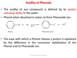Acidity of Phenols
• The acidity of any compound is defined by its proton
releasing ability in the water.
• Phenol when dissolved in water, to form Phenoxide ion.
• The ease with which a Phenol release a proton is explained
by the difference in the resonance stabilization of the
Phenol and its Phenoxide ion.
Prepared by Mr. N. M. Jangade
 