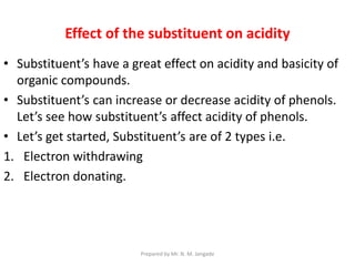 Effect of the substituent on acidity
• Substituent’s have a great effect on acidity and basicity of
organic compounds.
• Substituent’s can increase or decrease acidity of phenols.
Let’s see how substituent’s affect acidity of phenols.
• Let’s get started, Substituent’s are of 2 types i.e.
1. Electron withdrawing
2. Electron donating.
Prepared by Mr. N. M. Jangade
 