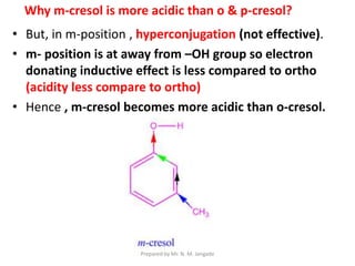 • But, in m-position , hyperconjugation (not effective).
• m- position is at away from –OH group so electron
donating inductive effect is less compared to ortho
(acidity less compare to ortho)
• Hence , m-cresol becomes more acidic than o-cresol.
Why m-cresol is more acidic than o & p-cresol?
Prepared by Mr. N. M. Jangade
 