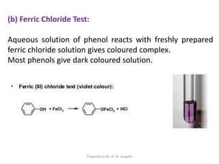 (b) Ferric Chloride Test:
Aqueous solution of phenol reacts with freshly prepared
ferric chloride solution gives coloured complex.
Most phenols give dark coloured solution.
Prepared by Mr. N. M. Jangade
 