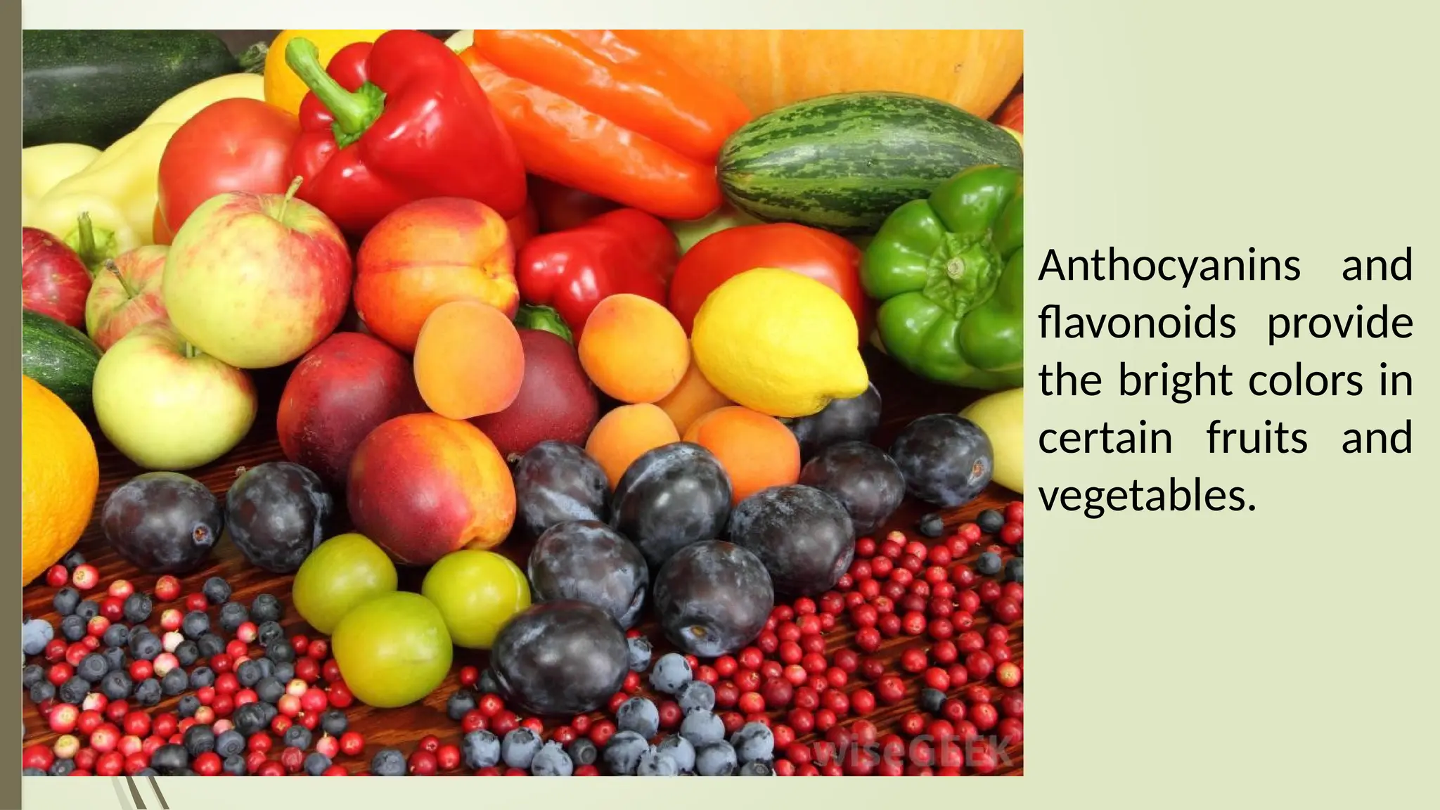 Anthocyanins and
flavonoids provide
the bright colors in
certain fruits and
vegetables.
 