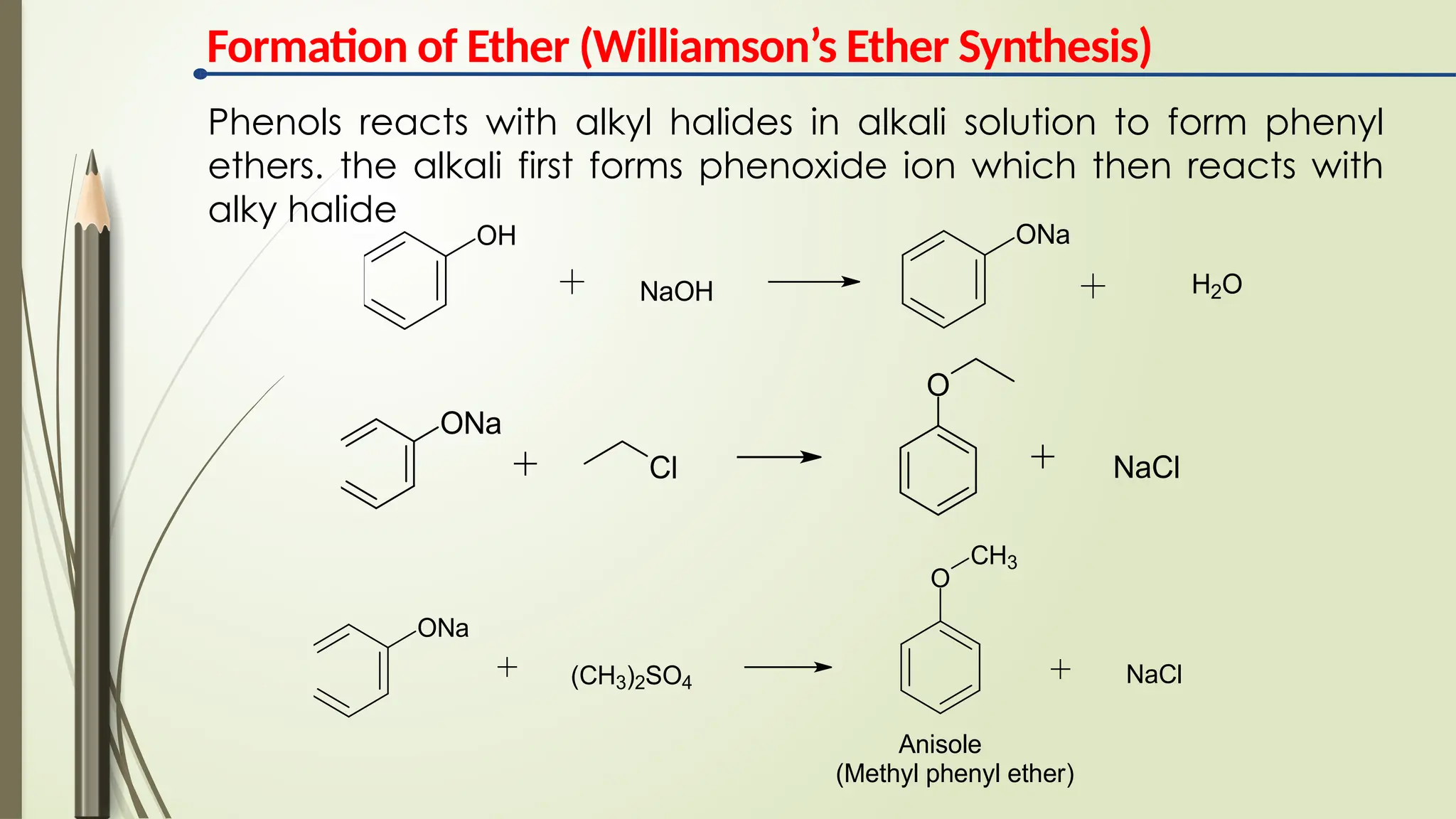 Formation of Ether (Williamson’s Ether Synthesis)
Phenols reacts with alkyl halides in alkali solution to form phenyl
ethers. the alkali first forms phenoxide ion which then reacts with
alky halide
OH
NaOH
ONa
H2O
ONa
(CH3)2SO4
O
NaCl
CH3
Anisole
(Methyl phenyl ether)
ONa
Cl
O
NaCl
 