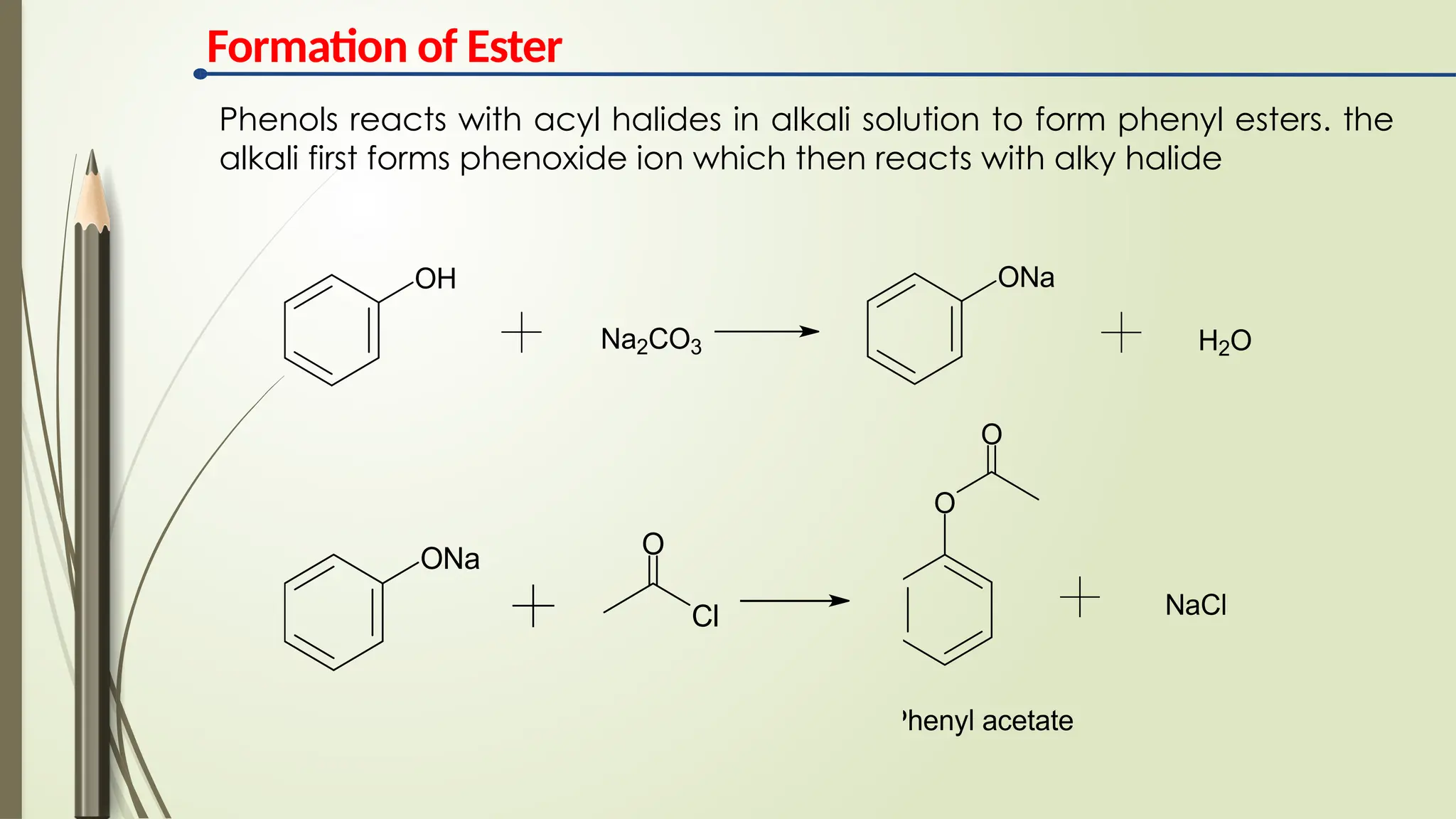 Formation of Ester
O
NaCl
O
Phenyl acetate
ONa
Cl
O
OH
Na2CO3
ONa
H2O
Phenols reacts with acyl halides in alkali solution to form phenyl esters. the
alkali first forms phenoxide ion which then reacts with alky halide
 