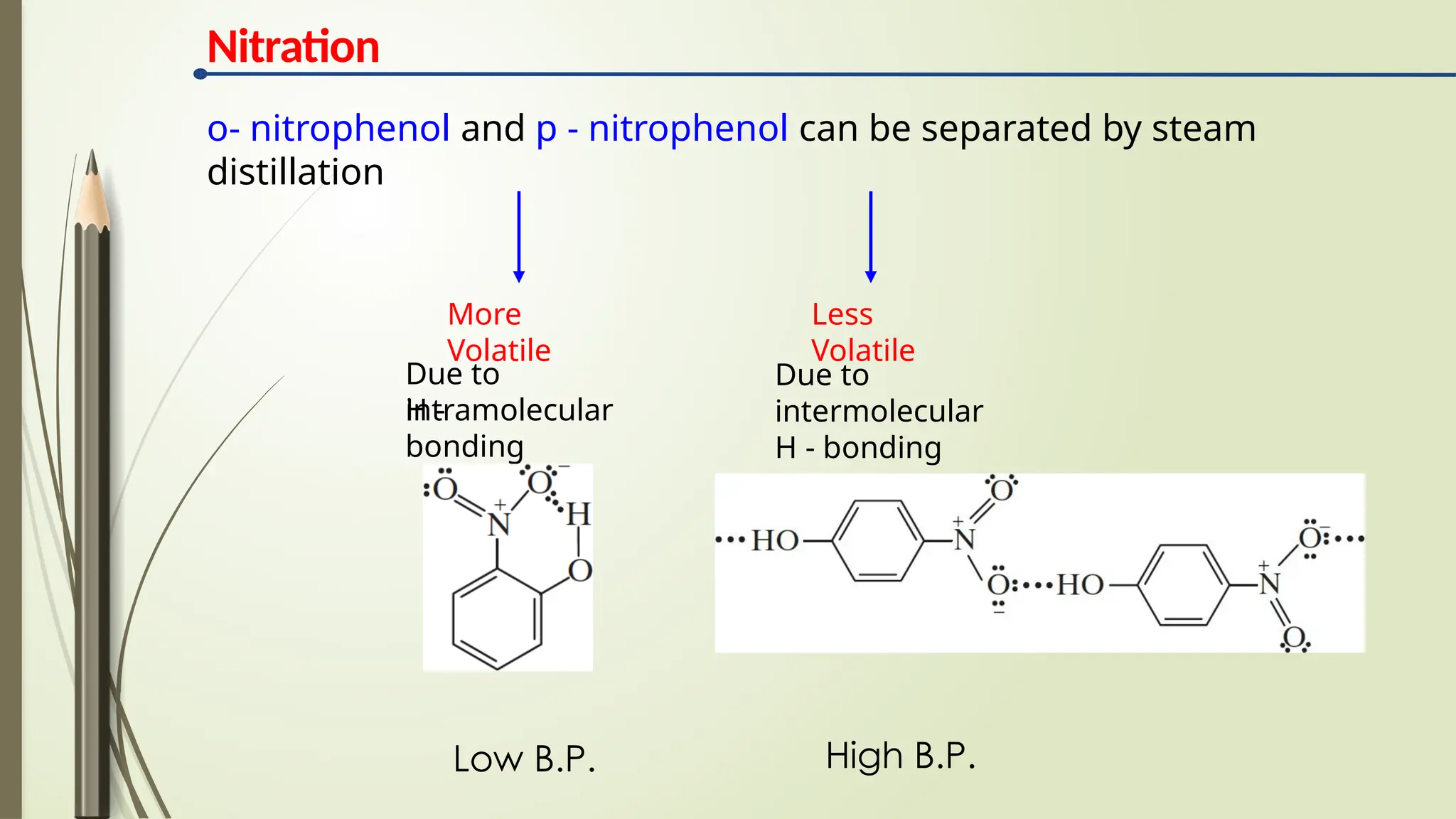 o- nitrophenol and p - nitrophenol can be separated by steam
distillation
More
Volatile
Less
Volatile
Due to
intramolecular
H -
bonding
Due to
intermolecular
H - bonding
Low B.P. High B.P.
Nitration
 