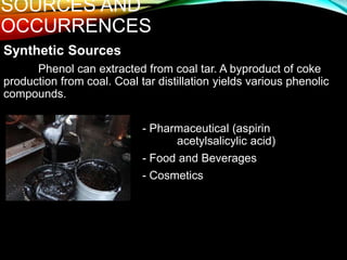Synthetic Sources
Phenol can extracted from coal tar. A byproduct of coke
production from coal. Coal tar distillation yields various phenolic
compounds.
- Pharmaceutical (aspirin
acetylsalicylic acid)
- Food and Beverages
- Cosmetics
SOURCES AND
OCCURRENCES
 