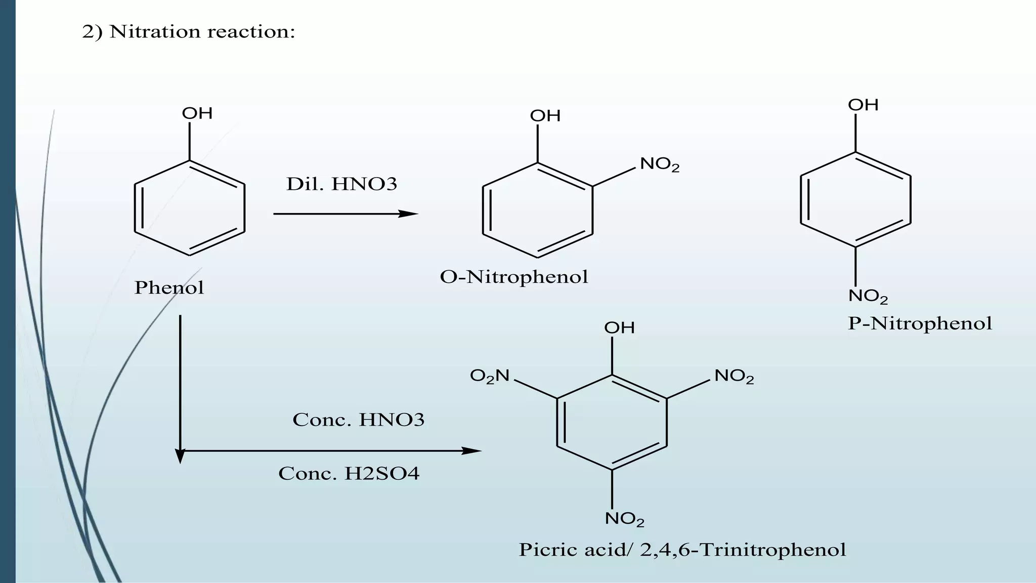 OH
Phenol
2) Nitration reaction:
Dil. HNO3
Conc. HNO3
Conc. H2SO4
O2N
OH
NO2
NO2
OH
NO2
OH
NO2
O-Nitrophenol
P-Nitrophenol
Picric acid/ 2,4,6-Trinitrophenol
 
