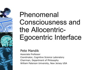 Phenomenal Consciousness and the Allocentric-Egocentric Interface Pete Mandik Associate Professor Coordinator, Cognitive Science Laboratory Chairman, Department of Philosophy William Paterson University, New Jersey USA 