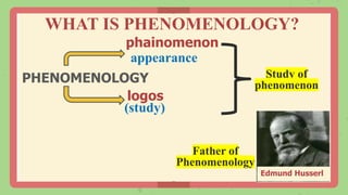 PHENOMENOLOGY
WHAT IS PHENOMENOLOGY?
phainomenon
logos
appearance
(study)
Study of
phenomenon
Edmund Husserl
Father of
Phenomenology
 