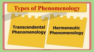 Types of Phenomenology
Transcendental
Phenomenology
Hermeneutic
Phenomenology
 