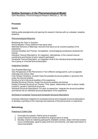 Outline Summary of the Phenomenological Model 
Clark Moustakas, Phenomenological Research Methods, p. 180-182 
Processes 
...