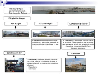 Intérieur d’Alger
La marine-la Casbah-
Grande poste- Tafoura
Périphérie d’Alger
Port d’Alger La Gare d’Agha La Gare de Belcour
Caractère fortement administratif et
commercial : port- Gare- Ministère de
finances- Hôpital- HLM- Place 1er
Mai
le caractère qui domine est celui de culture
et de loisirs: l’hôtel Sofitel –la BN- le musée
des beaux arts- le bois des arcades- le jardin
d’essais-le monument Riad El Feth-
banques- assurance
Gare Hussein dey
Le caractère y est mitigé, entre la culture et
l’économie mais un fort potentiel de sport et
loisirs y est ancré. on recense des présences
telle que :
-Hippodrome
-universités
Caroubier
 