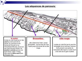 Les séquences de parcours:
le centre:
limitée du coté Ouest par le 1er
seuil qui est le pont de la
farche, du nord par la voie
ferrée,de l’Est par la rue
Hamadache Moussa, et du sud
par l’axe Fernane Hanafi. Sa
position centrale permet une
forte liaison :Alger / H-Dey.
Elle reçoit le 2éme seuil:Gare
d’Hussein Dey.
Brossettes:
elle s’étend de l’inter- zones
Brossettes , tout le long de l’axe
Tripoli jusqu’à la limite de la côte
rouge.
côte rouge:
Limitée du coté Est par le seuil de
la Bretelle et du nord par l’avenue
ALN prenant une partie du
Caroubier.elle reçoit un autre seuil
c’est celui de la gare routière.
 