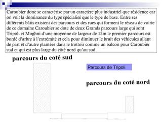 Caroubier donc se caractérise par un caractère plus industriel que résidence car
on voit la dominance du type spécialisé que le type de base. Entre ses
différents bâtis existent des parcours et des rues qui forment le réseau de voirie
de ce domaine Caroubier se dote de deux Grands parcours large qui sont
Tripoli et Moghni d’une moyenne de largeur de 12m le premier parcours est
bordé d’arbre à l’extrémité et cela pour diminuer le bruit des véhicules allant
de part et d’autre plantées dans le trottoir comme un balcon pour Caroubier
sud et qui est plus large du côté nord qu’au sud.
Parcours de Tripoli
 