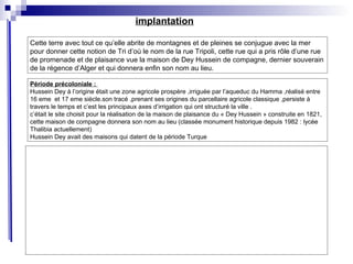 implantation
Cette terre avec tout ce qu’elle abrite de montagnes et de pleines se conjugue avec la mer
pour donner cette notion de Tri d’où le nom de la rue Tripoli, cette rue qui a pris rôle d’une rue
de promenade et de plaisance vue la maison de Dey Hussein de compagne, dernier souverain
de la régence d’Alger et qui donnera enfin son nom au lieu.
Période précoloniale :
Hussein Dey à l’origine était une zone agricole prospère ,irriguée par l’aqueduc du Hamma ,réalisé entre
16 eme et 17 eme siècle.son tracé ,prenant ses origines du parcellaire agricole classique ,persiste à
travers le temps et c’est les principaux axes d’irrigation qui ont structuré la ville .
c’était le site choisit pour la réalisation de la maison de plaisance du « Dey Hussein » construite en 1821,
cette maison de compagne donnera son nom au lieu (classée monument historique depuis 1982 : lycée
Thalibia actuellement)
Hussein Dey avait des maisons qui datent de la période Turque
 