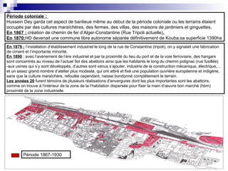 En 1879 : l’installation d’établissement industriel le long de la rue de Constantine (tripoli), on y signalait une fabrication
de ciment et l’importante minorité.
En 1890 : avec l’avènement de l’ère industriel et par la proximité du lieu du port et de la voie ferroviaire, des hangars
sont concentrés au niveau de l’actuel îlot des abattoirs ainsi que les habitants le long du chemin polignac (rue fusillée)
-aux usines qui s’y sont développés, d’autres sont venus s’ajouter, industrie de la construction mécanique, électrique,…
et un assez grand nombre d’atelier plus modeste, qui ont attiré et fixé une population ouvrière européenne et indigène,
sans que la culture maraîchère, refoulée cependant, naisse bondonné complètement le terrain.
Les années 20 furent témoins de plusieurs réalisations d’envergures dont les plus importantes sont les abattoirs,
comme on trouve à l’intérieur de la zone de la l’habitation dispersée pour fixer la main d’œuvre bon marché (hbm)
proximité de la zone industrielle
Période coloniale :
Hussein Dey garda cet aspect de banlieue même au début de la période coloniale ou les terrains étaient
occupés par des cultures maraîchères, des fermes, des villas, des maisons de jardiniers et ginguettes.
En 1867 : création de chemin de fer d’Alger-Constantine (Rue Tripoli actuelle).
En 1870:HD devenait une commune libre autonome séparée définitivement de Kouba,sa superficie 1390ha
Période 1867-1930
 