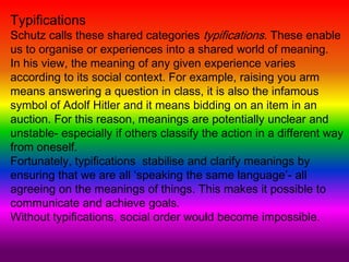Typifications
Schutz calls these shared categories typifications. These enable
us to organise or experiences into a shared world of meaning.
In his view, the meaning of any given experience varies
according to its social context. For example, raising you arm
means answering a question in class, it is also the infamous
symbol of Adolf Hitler and it means bidding on an item in an
auction. For this reason, meanings are potentially unclear and
unstable- especially if others classify the action in a different way
from oneself.
Fortunately, typifications stabilise and clarify meanings by
ensuring that we are all ‘speaking the same language’- all
agreeing on the meanings of things. This makes it possible to
communicate and achieve goals.
Without typifications, social order would become impossible.
 