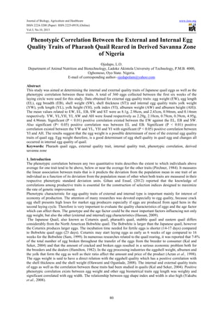 Phenotypic correlation between the external and internal egg quality