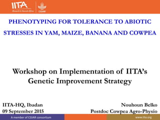 A member of CGIAR consortium www.iita.org
PHENOTYPING FOR TOLERANCE TO ABIOTIC
STRESSES IN YAM, MAIZE, BANANA AND COWPEA
Workshop on Implementation of IITA’s
Genetic Improvement Strategy
IITA-HQ, Ibadan Nouhoun Belko
09 September 2015 Postdoc Cowpea Agro-Physio
 
