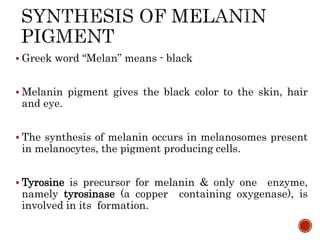  Greek word “Melan” means - black
 Melanin pigment gives the black color to the skin, hair
and eye.
 The synthesis of melanin occurs in melanosomes present
in melanocytes, the pigment producing cells.
 Tyrosine is precursor for melanin & only one enzyme,
namely tyrosinase (a copper containing oxygenase), is
involved in its formation.
 