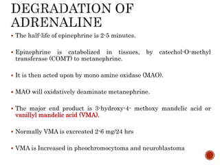  The half-life of epinephrine is 2-5 minutes.
 Epinephrine is catabolized in tissues, by catechol-O-methyl
transferase (COMT) to metanephrine.
 It is then acted upon by mono amine oxidase (MAO).
 MAO will oxidatively deaminate metanephrine.
 The major end product is 3-hydroxy-4- methoxy mandelic acid or
vanillyl mandelic acid (VMA).
 Normally VMA is excreated 2-6 mg/24 hrs
 VMA is Increased in pheochromocytoma and neuroblastoma
 