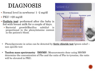  Normal level in newborns: 1 -2 mg/dl
 PKU: >20 mg/dl
 Guthrie test: performed after the baby is
fed with breast milk for a couple of days.
 Bacterial growth(Bacillus subtilis) is
proportional to the phenylalanine content
in the patient’s blood.
• Phenylpyruvate in urine can be detected by ferric chloride test (green color) –
non specific test
• Tandem mass spectrometry (MS/MS). Measurements done using MS/MS
determine the concentration of Phe and the ratio of Phe to tyrosine, the ratio
will be elevated in PKU.
 