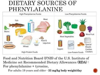 Food and Nutrition Board (FNB) of the U.S. Institute of
Medicine set Recommended Dietary Allowances (RDA) :
For phenylalanine + tyrosine,
For adults 19 years and older - 33 mg/kg body weight/day
 