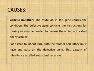 CAUSES:
• Genetic mutation: The mutation in the gene causes the
condition. The defective gene contains the instructions for
making an enzyme needed to process the amino acid called
phenylalanine.
• For a child to inherit PKU, both the mother and father must
have and pass on the defective gene. This pattern of
inheritance is called autosomal recessive.
 
