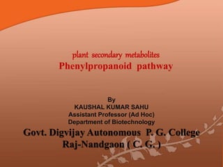 plant secondary metabolites
Phenylpropanoid pathway
By
KAUSHAL KUMAR SAHU
Assistant Professor (Ad Hoc)
Department of Biotechnology
Govt. Digvijay Autonomous P. G. College
Raj-Nandgaon ( C. G. )
 