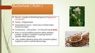 Buckwheat ( Rutin )
 Source – powder of dried food grains of Fagopyrum
esculentum
 Family – Polygonaceae
 Geographical source – food crop in United states,
Russia and Japan
 Constituents – 12% protein , 2 % fat and mainly Rutin
 Rutin is microcrystalline greenish yellow tasteless
powder, soluble in methanol-isopropyl alcohol-
pyridine-alkali hydroxides
 Use: capillary bleeding along with increased capillary
fragility so used in retinal haemorrhage
 