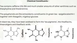 Chemical Constituents -
Tea contains caffeine (1%-3%) and much smaller amounts of other xanthines such as
theophylline and theobromine.
The polyphenols are the antioxidants constituents (in green tea - epigallocatechin )
together with theogallin, trigalloyl glucose.
In black tea, they have been oxidised to form the ‘tea pigments’, the theaflavins,
thearubigens and theaflavic acids.
Caffein
e
Theobromine
Theophyllin
e
 
