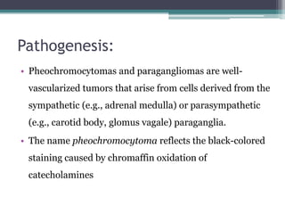 Pathogenesis:
• Pheochromocytomas and paragangliomas are well-
vascularized tumors that arise from cells derived from the
sympathetic (e.g., adrenal medulla) or parasympathetic
(e.g., carotid body, glomus vagale) paraganglia.
• The name pheochromocytoma reflects the black-colored
staining caused by chromaffin oxidation of
catecholamines
 