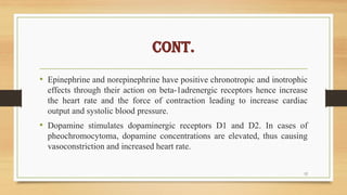 CONT.
• Epinephrine and norepinephrine have positive chronotropic and inotrophic
effects through their action on beta-1adr...