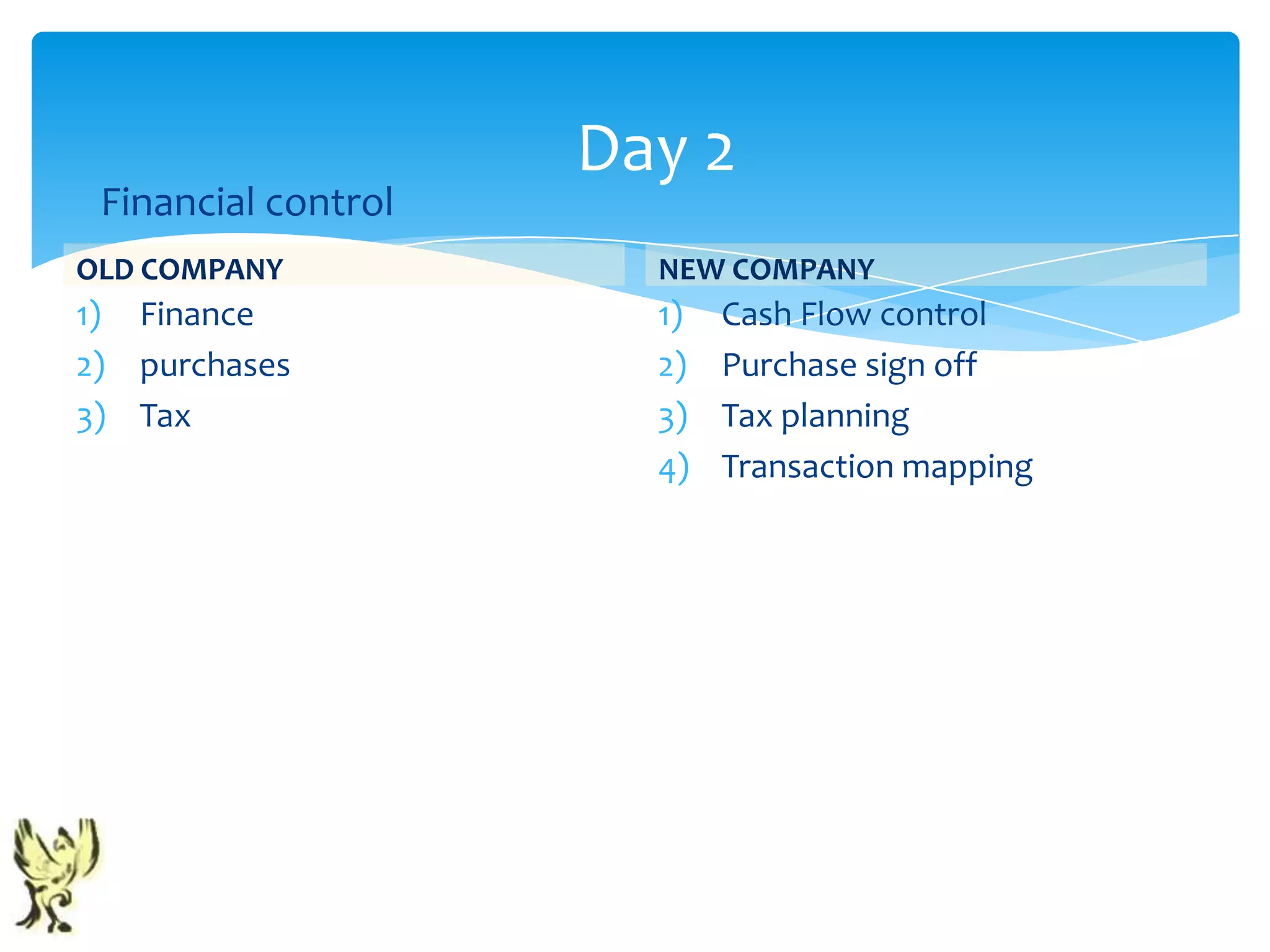 Day 2
 Financial control
OLD COMPANY            NEW COMPANY
1) Finance             1)   Cash Flow control
2) purchases           2)   Purchase sign off
3) Tax                 3)   Tax planning
                       4)   Transaction mapping
 