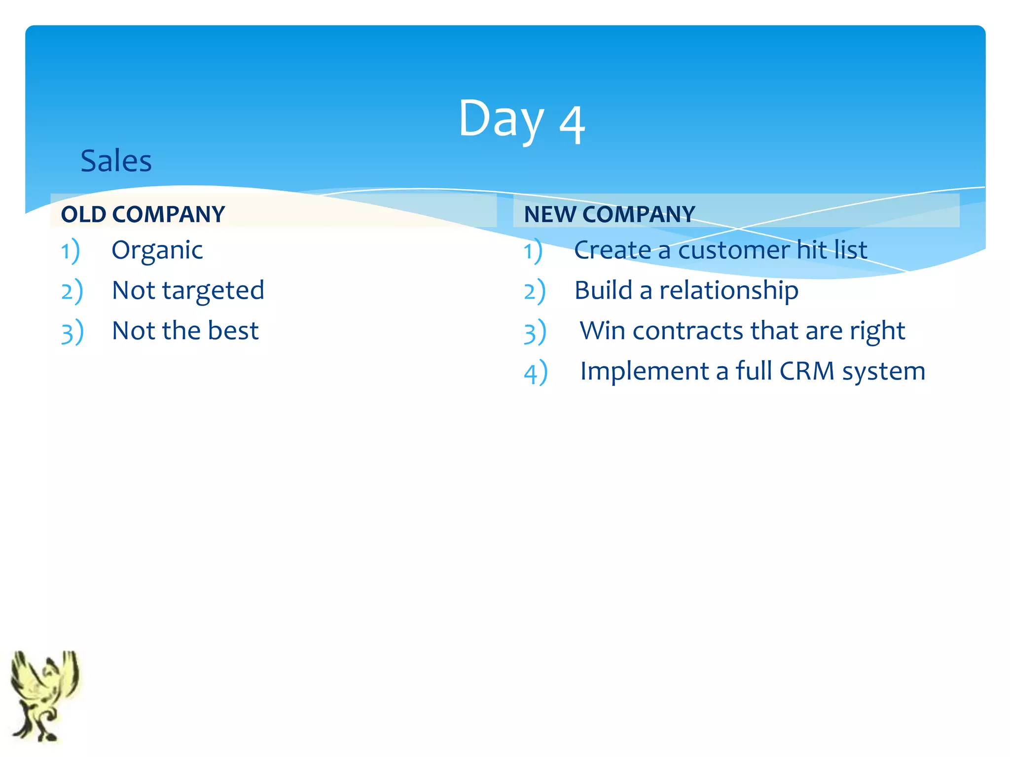 Day 4
 Sales
OLD COMPANY         NEW COMPANY
1) Organic          1) Create a customer hit list
2) Not targeted     2) Build a relationship
3) Not the best     3) Win contracts that are right
                    4) Implement a full CRM system
 