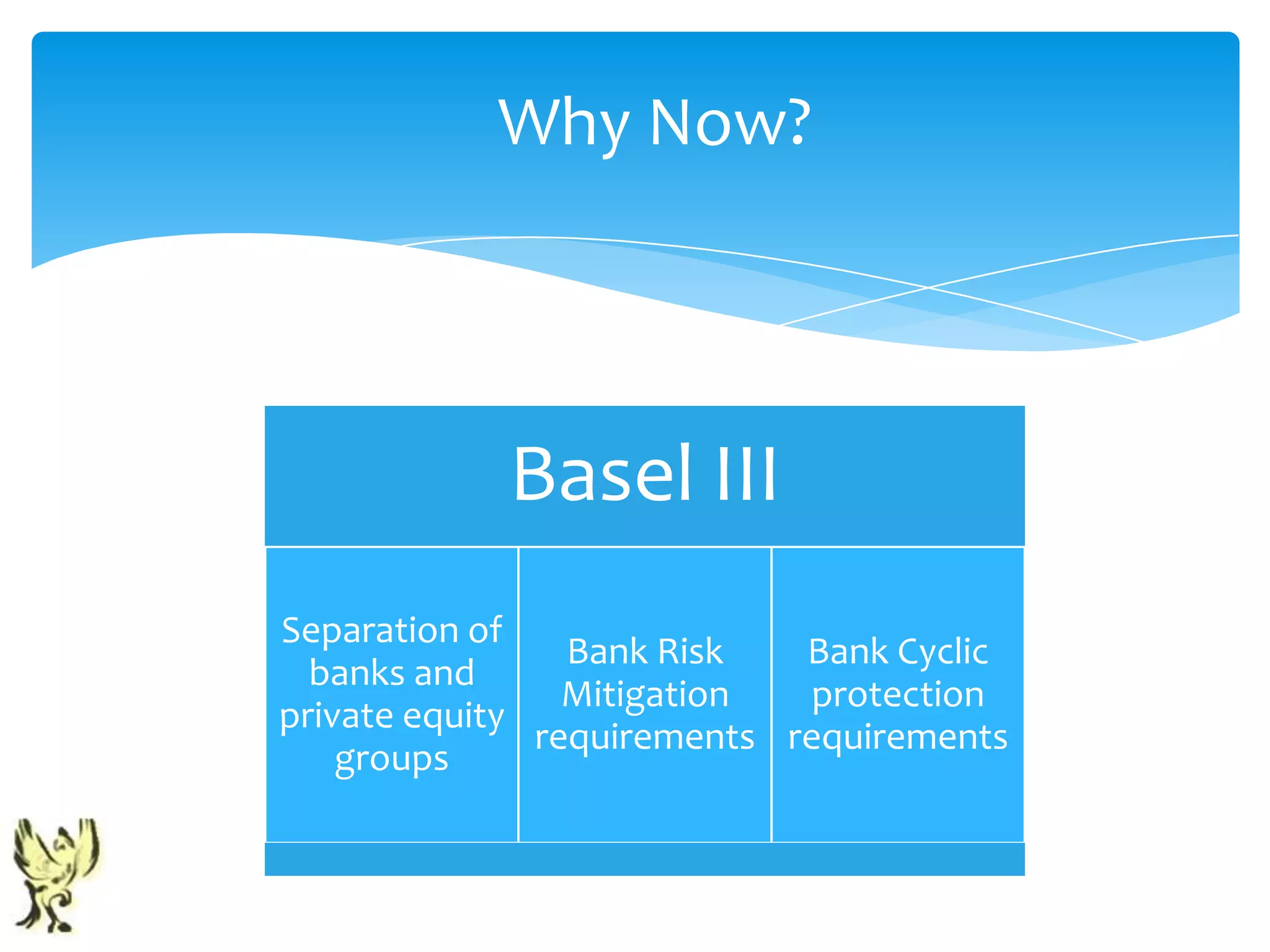 Why Now?




            Basel III
Separation of
                 Bank Risk   Bank Cyclic
  banks and
                 Mitigation   protection
private equity
               requirements requirements
    groups
 