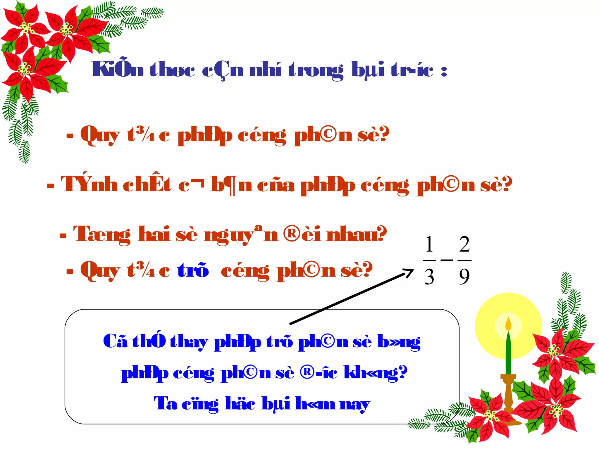 KiÕn thøc cÇn nhí trong bµi tr­íc :
- Quy t¾c phÐp céng ph©n sè?
- TÝnh chÊt c¬ b¶n cña phÐp céng ph©n sè?
Cã thÓ thay phÐp trõ ph©n sè b»ng
phÐp céng ph©n sè ®­îc kh«ng?
Ta cïng häc bµi h«mnay
- Tæng hai sè nguyªn ®èi nhau?
- Quy t¾c trõ céng ph©n sè? 9
2
3
1
−
 