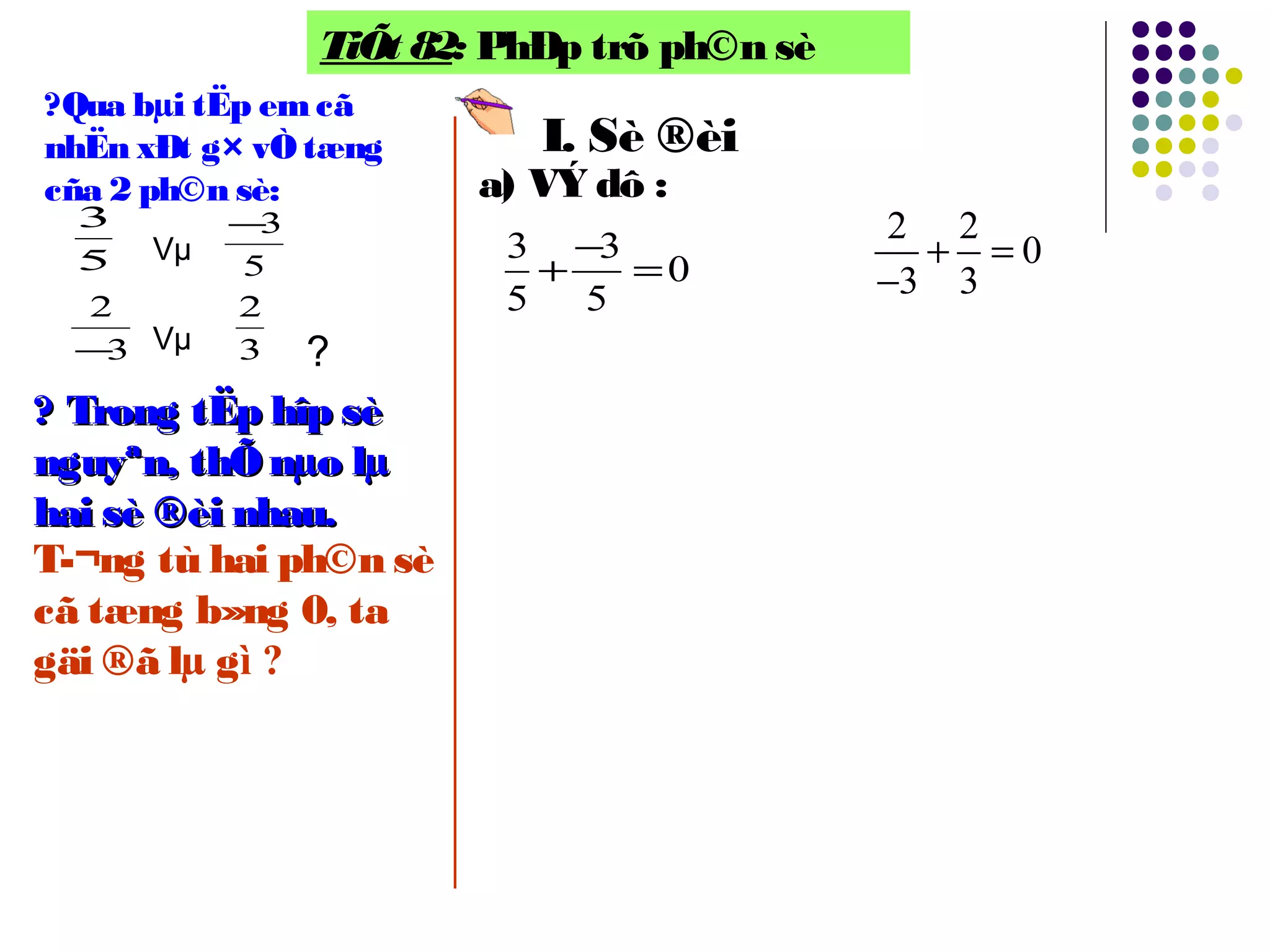TiÕt 82: PhÐp trõ ph©n sè
?Qua bµi tËp emcã
nhËn xÐt g× vÒtæng
cña 2 ph©n sè:
5
3
Vµ
5
3−
Vµ3
2
− 3
2
?
I. Sè ®èi
? Trong tËp hîp sè? Trong tËp hîp sè
nguyªn, thÕ nµo lµnguyªn, thÕ nµo lµ
hai sè ®èi nhau.hai sè ®èi nhau.
a) VÝ dô :
3 3
0
5 5
−
+ =
2 2
0
3 3
+ =
−
T­¬ng tù hai ph©n sè
cã tæng b»ng 0, ta
gäi ®ã lµ gì ?
 