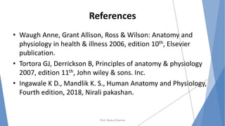 References
• Waugh Anne, Grant Allison, Ross & Wilson: Anatomy and
physiology in health & illness 2006, edition 10th, Elsevier
publication.
• Tortora GJ, Derrickson B, Principles of anatomy & physiology
2007, edition 11th, John wiley & sons. Inc.
• Ingawale K D., Mandlik K. S., Human Anatomy and Physiology,
Fourth edition, 2018, Nirali pakashan.
Prof. Mukul Sharma
 