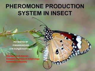 PHEROMONE PRODUCTION 
SYSTEM IN INSECT 
PRESENTED BY 
P.MANIKANDAN 
II M.Sc(Ag)Entomology 
Chaiman: Dr.R.Kannan 
Assistant Professor in Entomology 
Annamalai university 
 