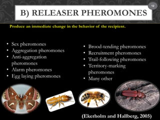 B) RELEASER PHEROMONES 
Produce an immediate change in the behavior of the recipient. 
• Brood-tending pheromones 
• Recruitment pheromones 
• Trail-following pheromones 
• Territory-marking 
pheromones 
• Many other 
• Sex pheromones 
• Aggregation pheromones 
• Anti-aggregation 
pheromones 
• Alarm pheromones 
• Egg laying pheromones 
12 
(Ekerholm and Hallberg, 2005) 
 