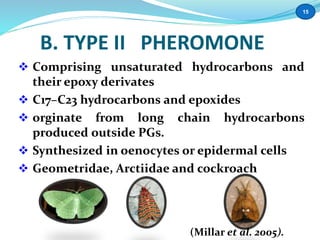 B. TYPE II PHEROMONE 
 Comprising unsaturated hydrocarbons and 
their epoxy derivates 
 C17–C23 hydrocarbons and epoxides 
 orginate from long chain hydrocarbons 
produced outside PGs. 
 Synthesized in oenocytes or epidermal cells 
 Geometridae, Arctiidae and cockroach 
(Millar et al. 2005). 
15 
 